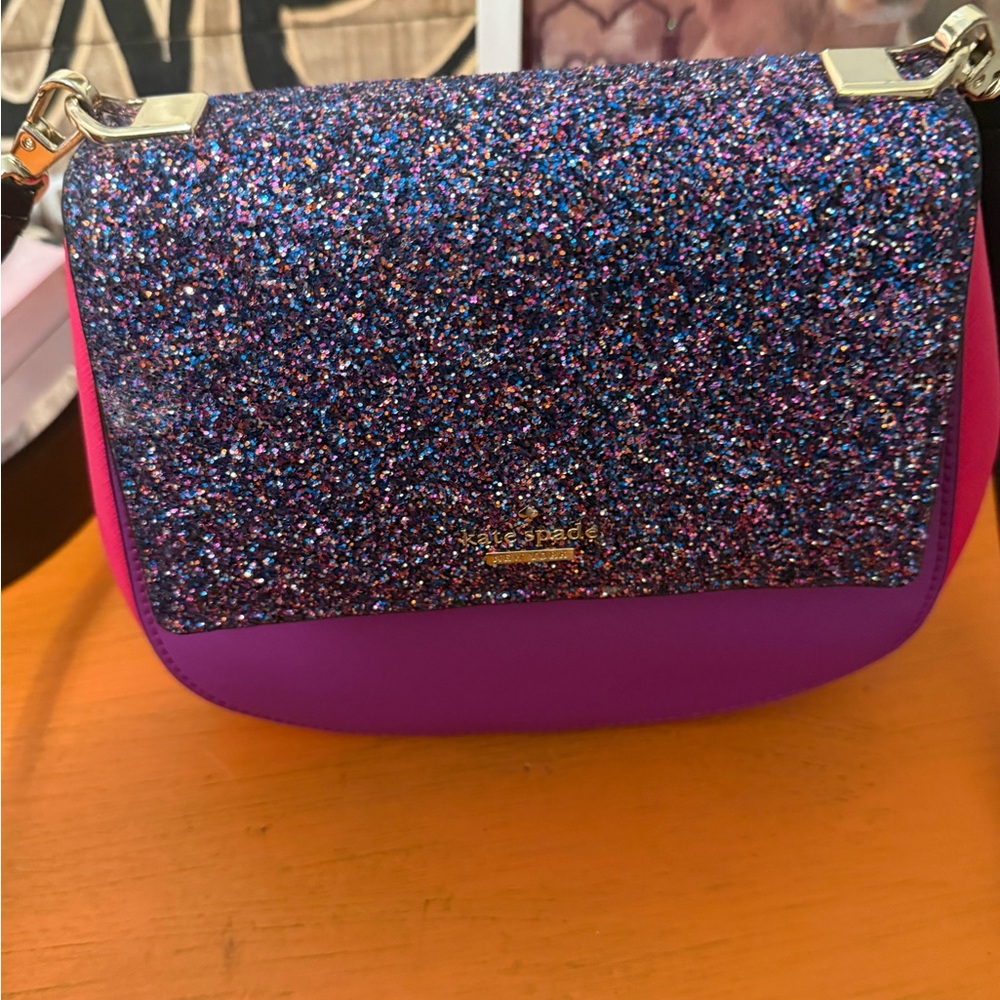 kate spade Purple Glitter Flap Crossbody Bag with Black Strap - Picture 10 of 15
